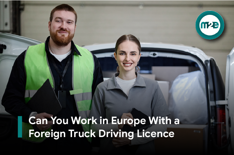 Foreign truck driver working in Europe Heavy goods lorry on a European motorway with a driver in the cab