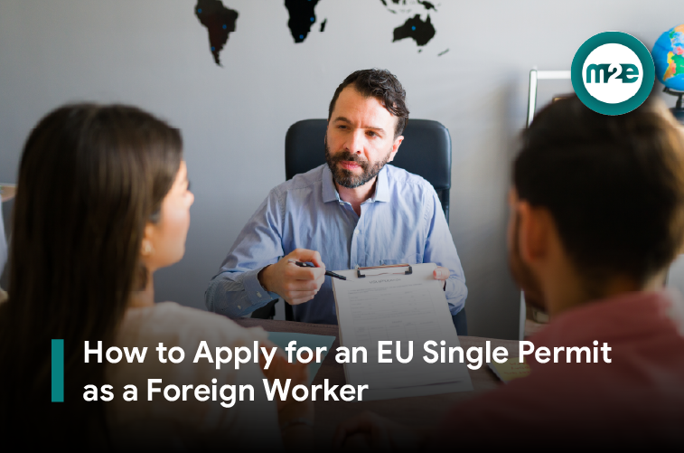 Applying for a combined work and residence permit in the EU Foreign worker filling in a residence and work permit application form at a desk