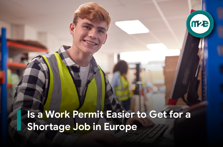 Work permits for shortage occupations in Europe Foreign worker reviewing work permit documents at a desk with a map of Europe