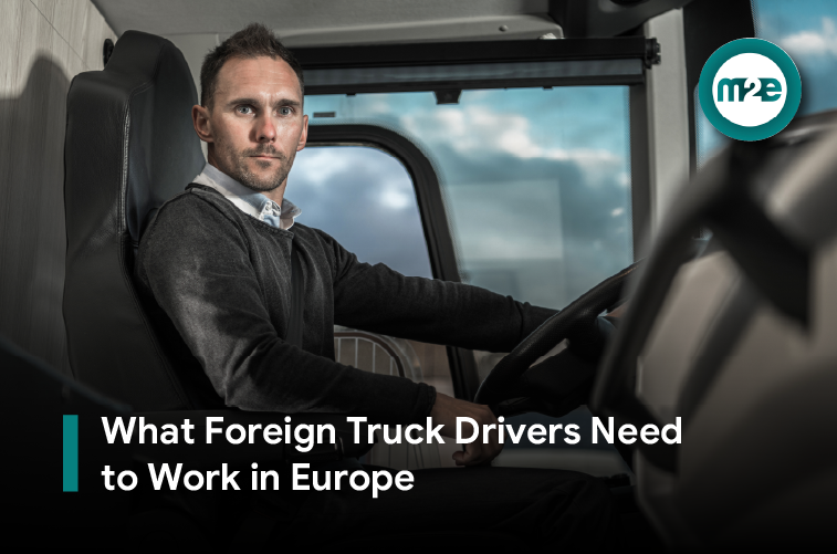 Foreign truck driver preparing for work in Europe Truck driver checking documents beside an articulated lorry at a European logistics depot
